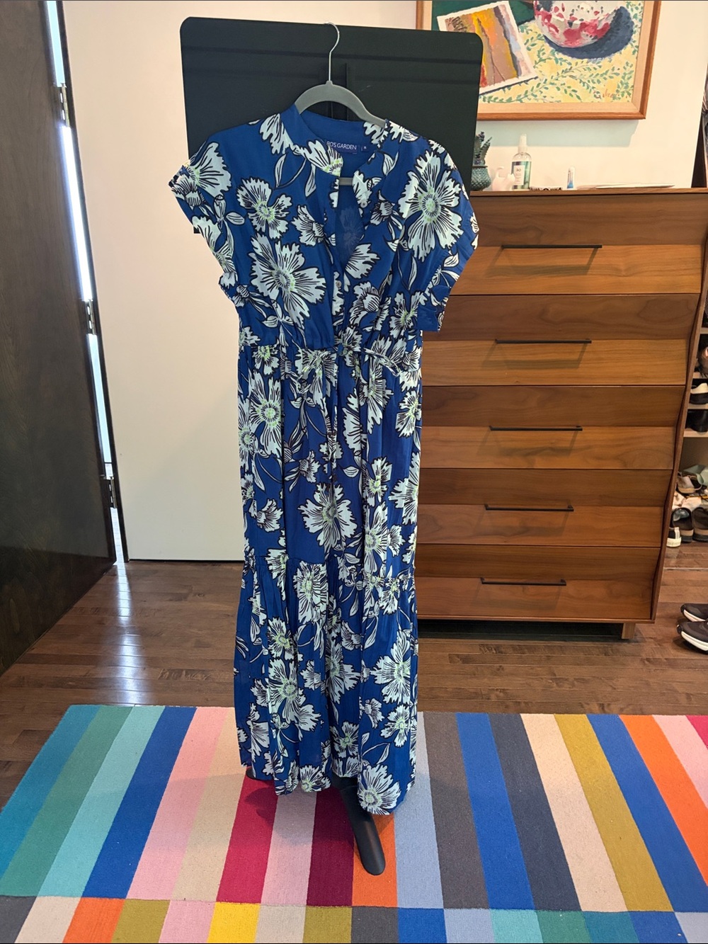 RO’S GARDEN Blue Floral Midi Dress with Smocked Waist
